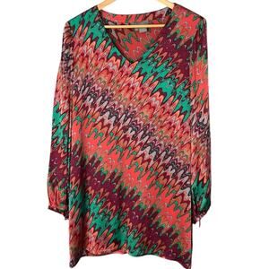 ECCOCI 100% Silk Shift Mini Dress Women's 10 Multicolor Abstract Print V-Neck